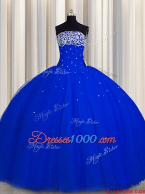 Really Puffy Strapless Sleeveless Quinceanera Dresses Floor Length Beading and Sequins Royal Blue Tulle