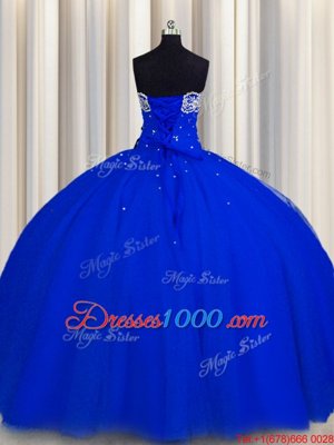 Really Puffy Strapless Sleeveless Quinceanera Dresses Floor Length Beading and Sequins Royal Blue Tulle