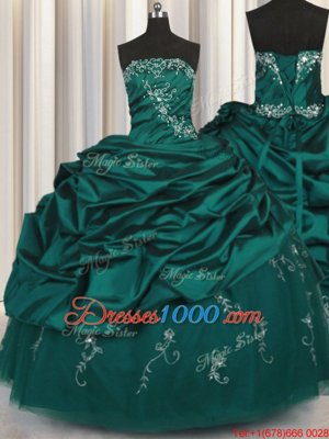 Peacock Green Sleeveless Floor Length Beading and Appliques and Embroidery and Pick Ups Lace Up Quinceanera Gowns