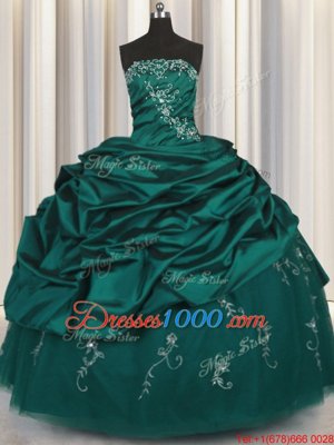 Peacock Green Sleeveless Floor Length Beading and Appliques and Embroidery and Pick Ups Lace Up Quinceanera Gowns