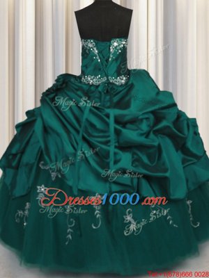 Peacock Green Sleeveless Floor Length Beading and Appliques and Embroidery and Pick Ups Lace Up Quinceanera Gowns