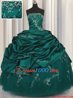 Peacock Green Sleeveless Floor Length Beading and Appliques and Embroidery and Pick Ups Lace Up Quinceanera Gowns