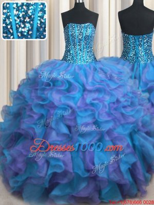 Visible Boning Bling-bling Beading and Ruffles 15 Quinceanera Dress Multi-color Lace Up Sleeveless Floor Length