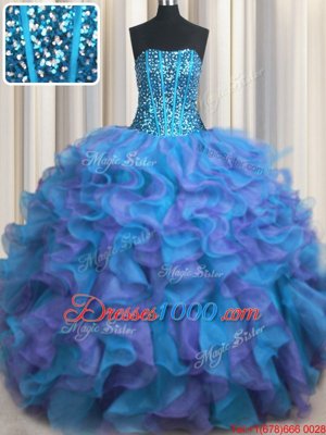 Visible Boning Bling-bling Beading and Ruffles 15 Quinceanera Dress Multi-color Lace Up Sleeveless Floor Length