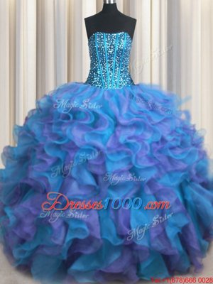Visible Boning Bling-bling Beading and Ruffles 15 Quinceanera Dress Multi-color Lace Up Sleeveless Floor Length