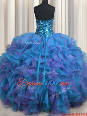 Visible Boning Bling-bling Beading and Ruffles 15 Quinceanera Dress Multi-color Lace Up Sleeveless Floor Length