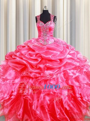 Pick Ups Zipper Up See Through Back Floor Length Hot Pink Quinceanera Dresses Straps Sleeveless Zipper