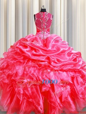 Pick Ups Zipper Up See Through Back Floor Length Hot Pink Quinceanera Dresses Straps Sleeveless Zipper