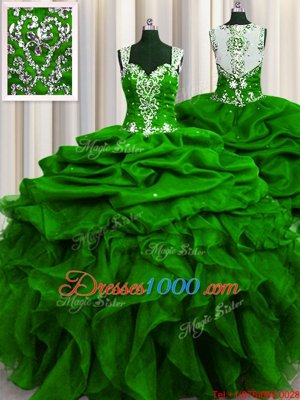See Through Back Organza Sleeveless Floor Length Sweet 16 Quinceanera Dress and Beading and Ruffles and Sequins and Pick Ups