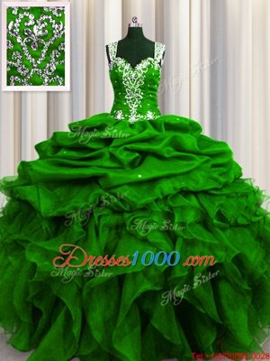 See Through Back Organza Sleeveless Floor Length Sweet 16 Quinceanera Dress and Beading and Ruffles and Sequins and Pick Ups