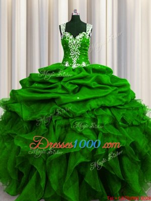 See Through Back Organza Sleeveless Floor Length Sweet 16 Quinceanera Dress and Beading and Ruffles and Sequins and Pick Ups