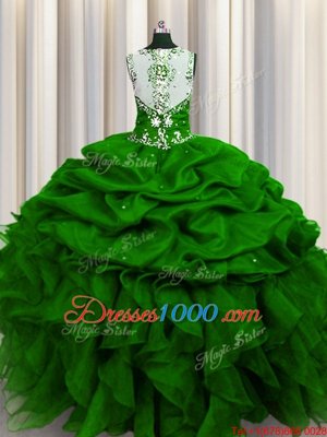 See Through Back Organza Sleeveless Floor Length Sweet 16 Quinceanera Dress and Beading and Ruffles and Sequins and Pick Ups