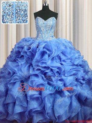 Visible Boning Bling-bling Baby Blue Organza Lace Up Sweetheart Sleeveless With Train 15 Quinceanera Dress Brush Train Beading and Ruffles