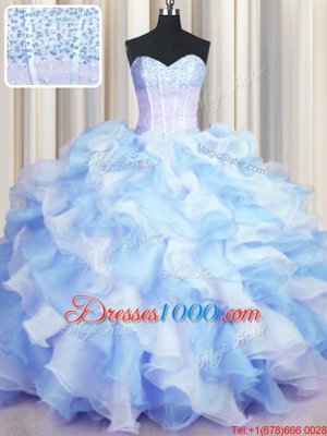 Inexpensive Two Tone Visible Boning Blue And White Ball Gowns Sweetheart Sleeveless Organza Floor Length Lace Up Beading and Ruffles 15th Birthday Dress