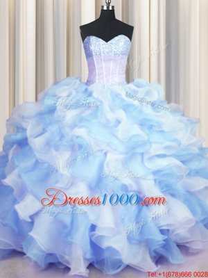 Inexpensive Two Tone Visible Boning Blue And White Ball Gowns Sweetheart Sleeveless Organza Floor Length Lace Up Beading and Ruffles 15th Birthday Dress