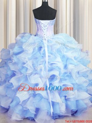 Inexpensive Two Tone Visible Boning Blue And White Ball Gowns Sweetheart Sleeveless Organza Floor Length Lace Up Beading and Ruffles 15th Birthday Dress