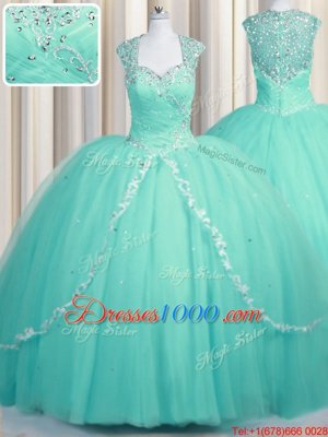 Zipper Tulle Cap Sleeves Quinceanera Dresses Brush Train and Beading and Appliques