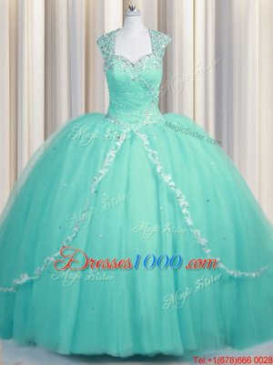 Zipper Tulle Cap Sleeves Quinceanera Dresses Brush Train and Beading and Appliques