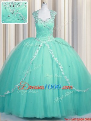 Zipper Tulle Cap Sleeves Quinceanera Dresses Brush Train and Beading and Appliques