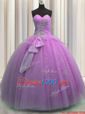 Lilac Sleeveless Floor Length Beading and Sequins and Bowknot Lace Up Quinceanera Dress