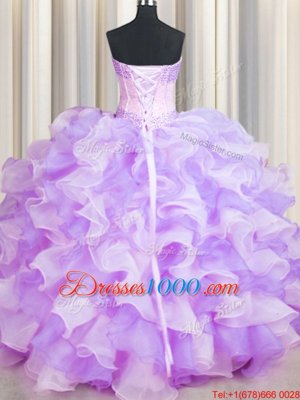 Two Tone Visible Boning Organza Sleeveless Floor Length Quinceanera Gown and Beading and Ruffles