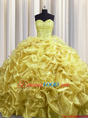 Fabulous Gold Ball Gowns Sweetheart Sleeveless Organza With Train Court Train Lace Up Beading and Pick Ups Sweet 16 Quinceanera Dress