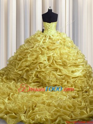 Fabulous Gold Ball Gowns Sweetheart Sleeveless Organza With Train Court Train Lace Up Beading and Pick Ups Sweet 16 Quinceanera Dress