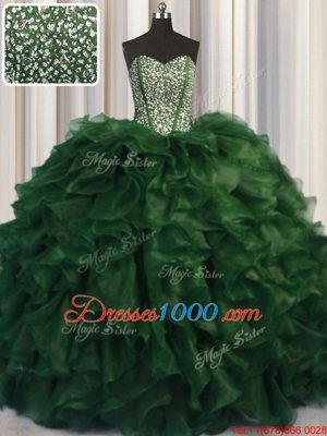 Trendy Visible Boning Bling-bling Green Ball Gowns Beading Sweet 16 Dresses Lace Up Organza Sleeveless With Train