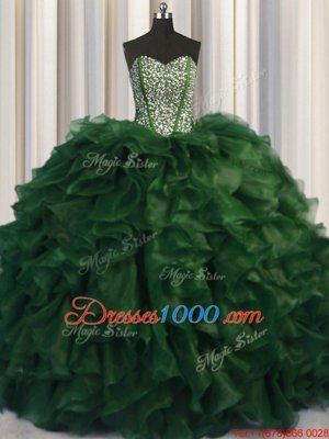 Trendy Visible Boning Bling-bling Green Ball Gowns Beading Sweet 16 Dresses Lace Up Organza Sleeveless With Train