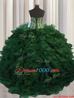 Trendy Visible Boning Bling-bling Green Ball Gowns Beading Sweet 16 Dresses Lace Up Organza Sleeveless With Train