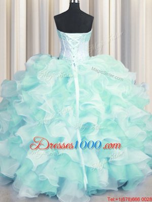 Clearance Two Tone Visible Boning Organza Sweetheart Sleeveless Lace Up Beading and Ruffles Quince Ball Gowns in Multi-color