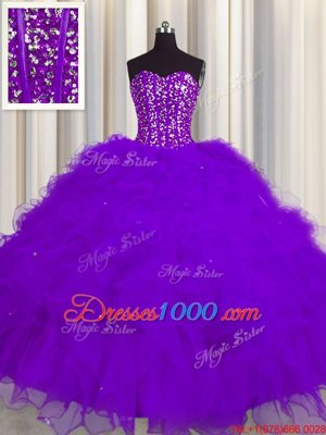 Visible Boning Floor Length Purple Quinceanera Gown Tulle Sleeveless Beading and Ruffles and Sequins