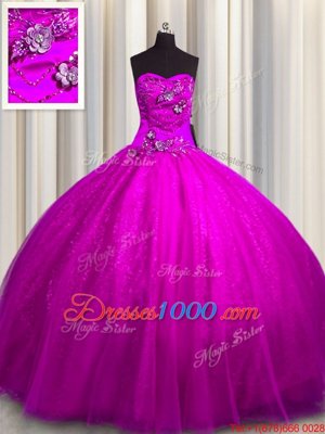 Superior Fuchsia Ball Gowns Beading and Appliques Quinceanera Gown Lace Up Tulle and Sequined Sleeveless Floor Length