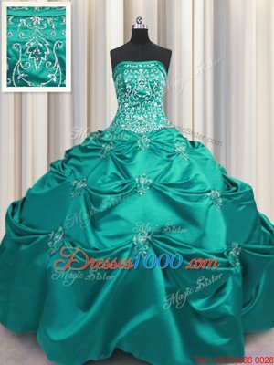 Strapless Sleeveless Ball Gown Prom Dress Floor Length Beading and Appliques and Embroidery Dark Green Taffeta