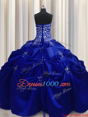 Royal Blue Strapless Neckline Beading and Appliques and Embroidery Quinceanera Gowns Sleeveless Lace Up