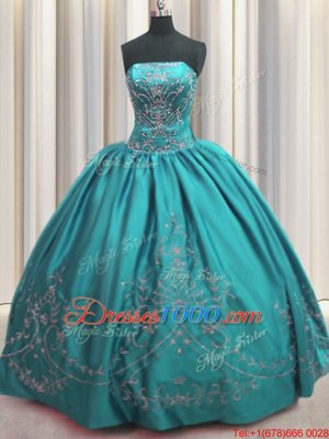 Teal Ball Gowns Strapless Sleeveless Taffeta Floor Length Lace Up Beading and Embroidery Sweet 16 Quinceanera Dress