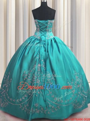 Teal Ball Gowns Strapless Sleeveless Taffeta Floor Length Lace Up Beading and Embroidery Sweet 16 Quinceanera Dress