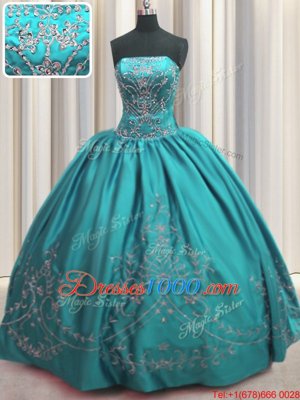 Teal Ball Gowns Strapless Sleeveless Taffeta Floor Length Lace Up Beading and Embroidery Sweet 16 Quinceanera Dress