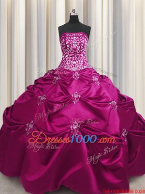 Lovely Fuchsia Ball Gowns Strapless Sleeveless Taffeta Floor Length Lace Up Beading and Appliques and Embroidery 15 Quinceanera Dress