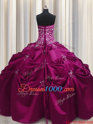 Lovely Fuchsia Ball Gowns Strapless Sleeveless Taffeta Floor Length Lace Up Beading and Appliques and Embroidery 15 Quinceanera Dress