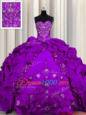 Artistic Sequins Purple Sweetheart Neckline Beading and Embroidery and Ruffles Sweet 16 Dress Sleeveless Lace Up