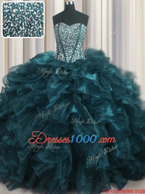 Visible Boning Bling-bling Brush Train Ball Gowns Quinceanera Dresses Teal Sweetheart Organza Sleeveless With Train Lace Up