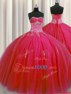 Modest Big Puffy Red Ball Gowns Sweetheart Sleeveless Tulle Floor Length Lace Up Beading and Appliques Sweet 16 Quinceanera Dress