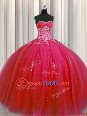 Modest Big Puffy Red Ball Gowns Sweetheart Sleeveless Tulle Floor Length Lace Up Beading and Appliques Sweet 16 Quinceanera Dress