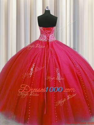 Modest Big Puffy Red Ball Gowns Sweetheart Sleeveless Tulle Floor Length Lace Up Beading and Appliques Sweet 16 Quinceanera Dress