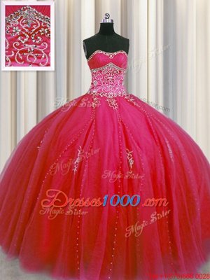 Modest Big Puffy Red Ball Gowns Sweetheart Sleeveless Tulle Floor Length Lace Up Beading and Appliques Sweet 16 Quinceanera Dress