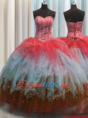 Bling-bling Visible Boning Sleeveless Lace Up Floor Length Beading and Ruffles and Ruffled Layers and Sequins Sweet 16 Dresses