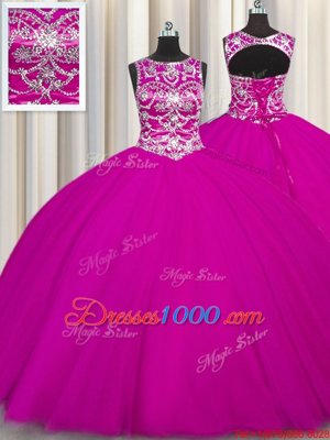 Fuchsia Ball Gowns Tulle Scoop Sleeveless Beading and Appliques Floor Length Lace Up Sweet 16 Dress