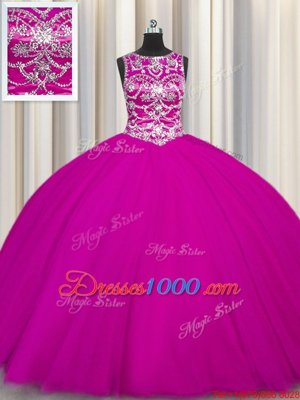 Fuchsia Ball Gowns Tulle Scoop Sleeveless Beading and Appliques Floor Length Lace Up Sweet 16 Dress