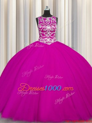 Fuchsia Ball Gowns Tulle Scoop Sleeveless Beading and Appliques Floor Length Lace Up Sweet 16 Dress